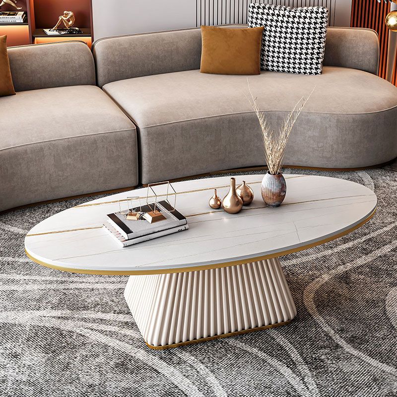 17.7"H Modern Metal Frame Single Foot Base Slate Oval Coffee Table