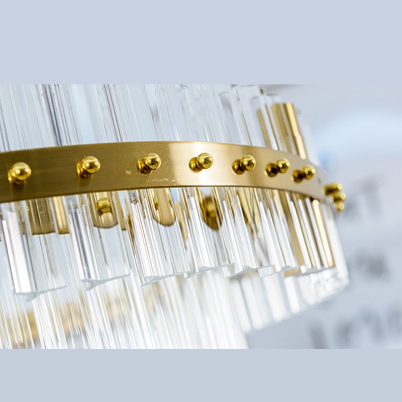 Gold Plated Round Chandelier Lamp Minimalist Crystal LED Hanging Light with Riveted Detail