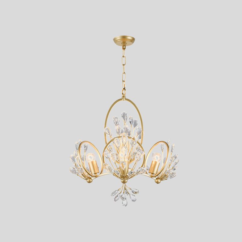3-Bulb Crystal Chandelier Light Fixture Retro Gold Petals Dining Table Hanging Pendant