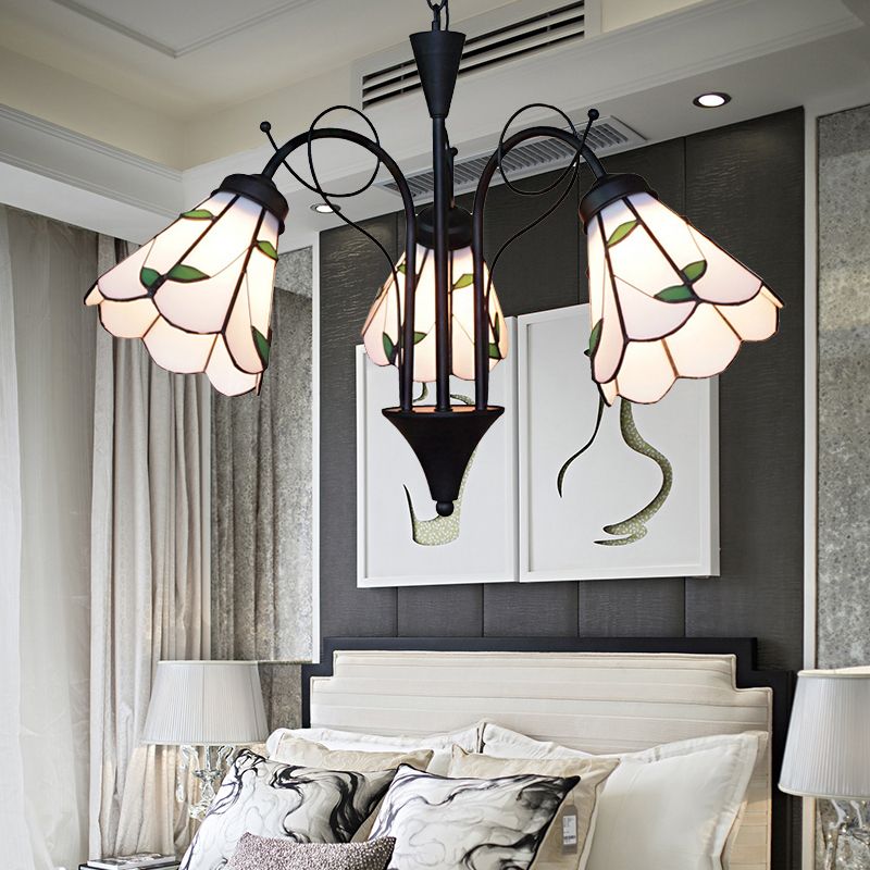 Beige Glaskegel hängende Licht mit Blatt traditioneller 3 Licht Deckenkroren für Wohnzimmer