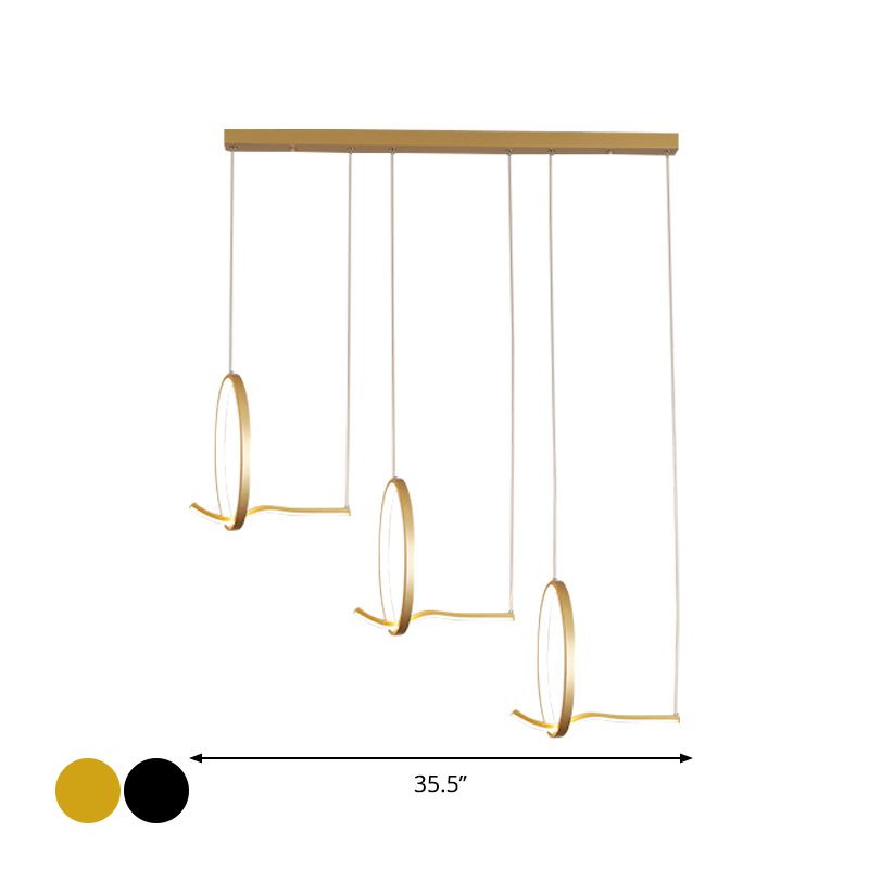 Metallic 3 Ringed Chandelier Lamp Modernist LED Hanging Light Kit in Black/Gold, Warm/White Light