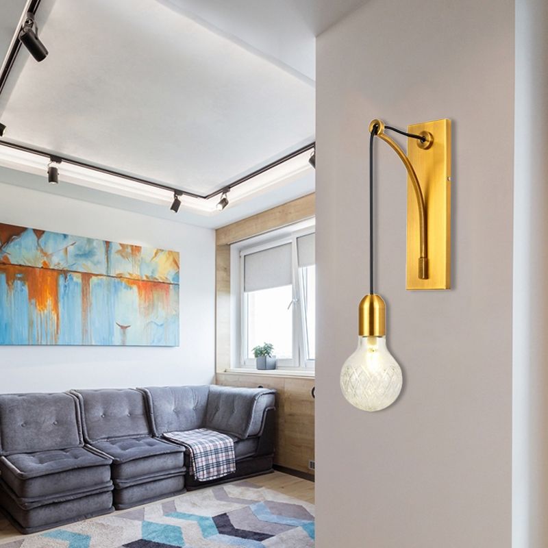 Single Exposed Bulb Wall Mounted Light Simple Clear Lattice Glass Wall Sconce with Gold Metal Backplate