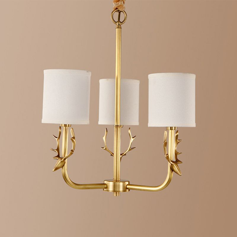 Rustikaler Geweih hängende Deckenleuchte 3/6/8 Lampenlampen -Metall -Kronleuchter in Gold mit zylindrischem Stoffton