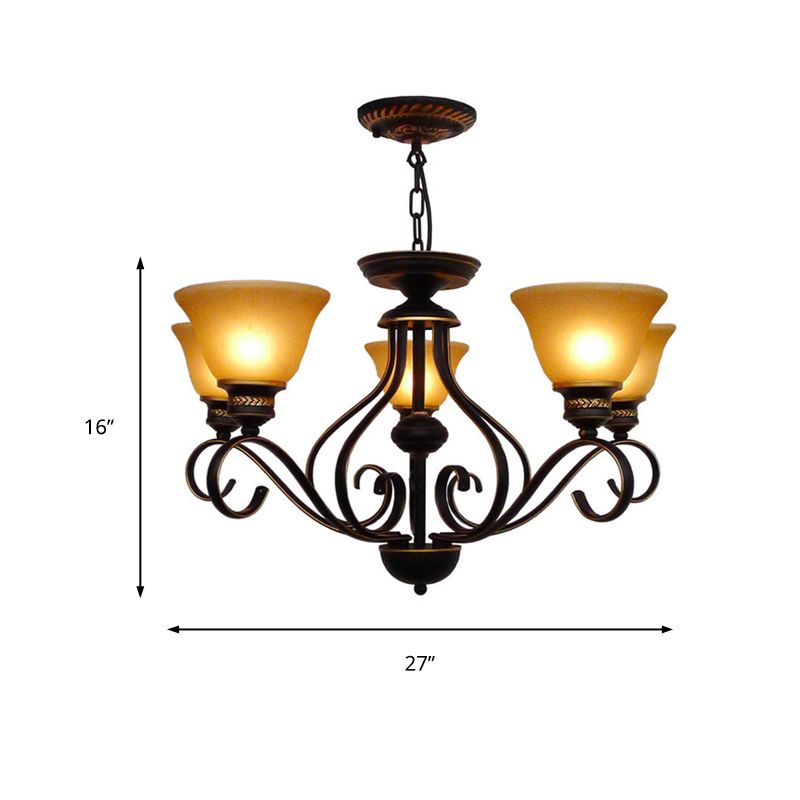 5 Lights Beige Frosted Glass Hanging Chandelier Traditional Black Bell Corridor Pendant Light Fixture