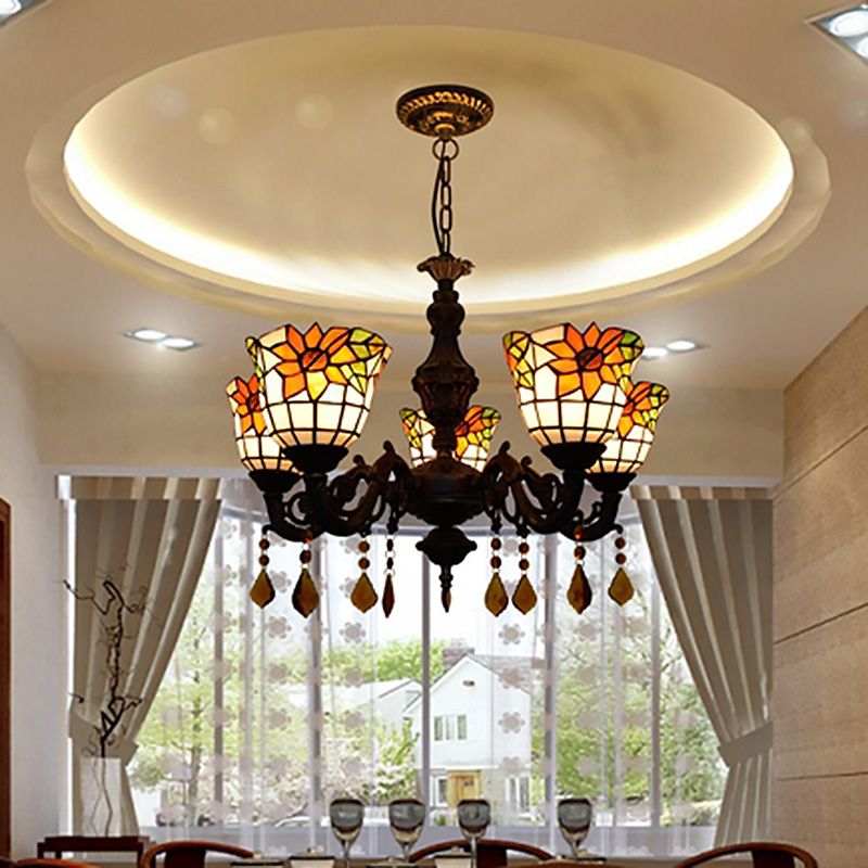 Lustre de style tiffany 5 lumières vitrail
