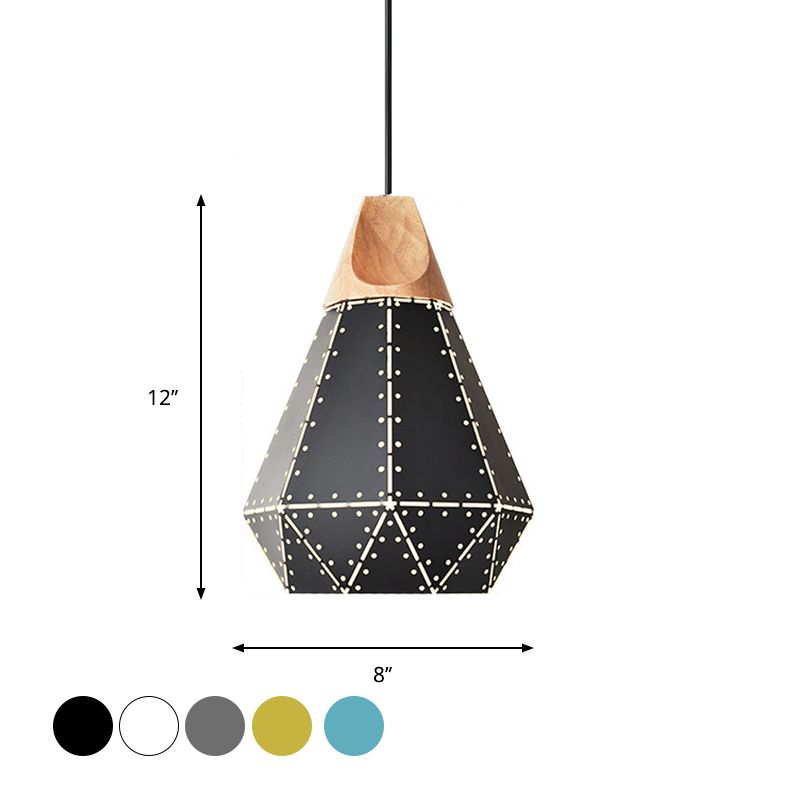 Diamond Iron Hanging Pendant Macaron 1-Light Grey/White/Blue and Wood Suspension Lamp with Laser Cut Design