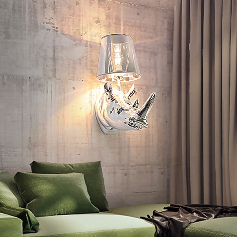 Harz Silber/goldene Leuchten Leuchte Rhinoceros 1 Licht rustikaler Wandmontage Licht für Schlafzimmer mit Kegelstoffschatten