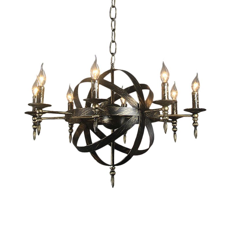 Candle Metallic Chandelier Light Fixture with Spherical Cage Shade Vintage 6/8 Heads Restaurant Ceiling Light in Black/Rust
