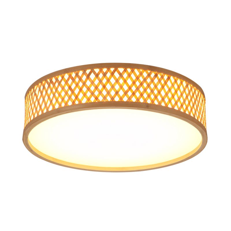 Asian Stylish Cross Woven Flushmount Light with Drum Shade Bamboo 10"/14" W LED Indoor Ceiling Lamp in Beige, Warm/White Light