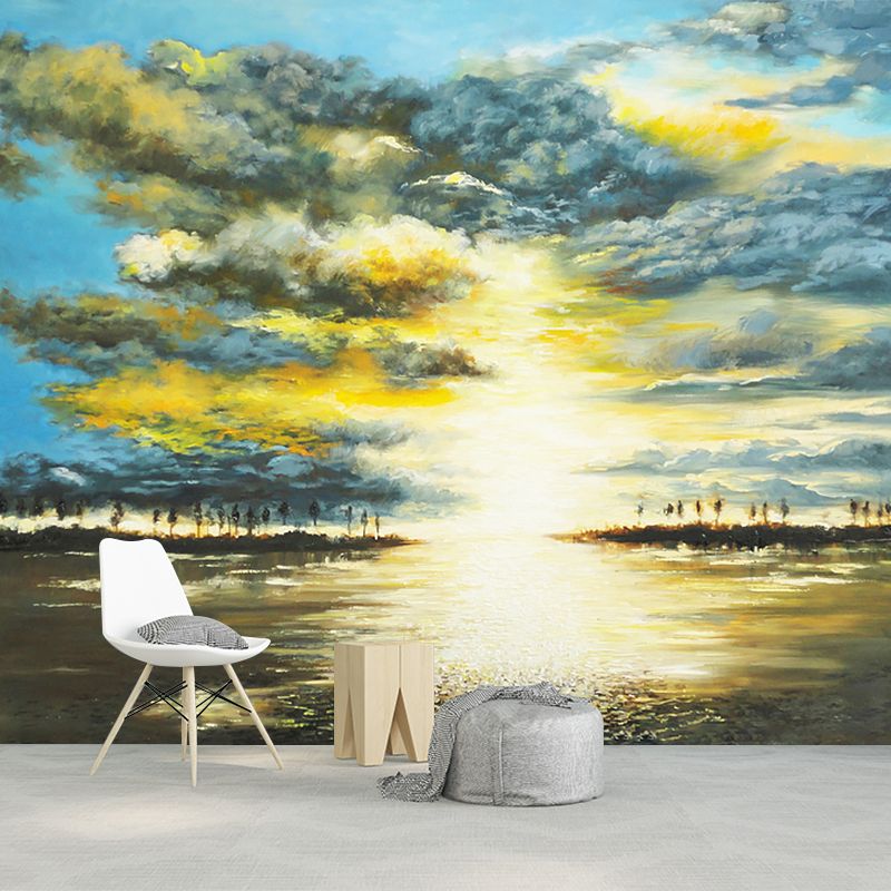 Sunrise Lake Scenic Wall Murals Classical Smooth Wall Covering in Yellow-Blue, Stain Proof