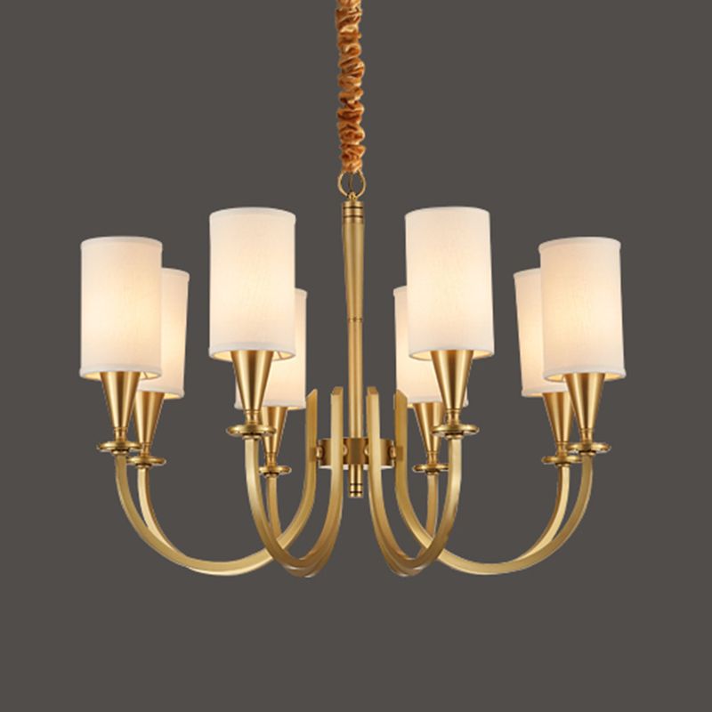 American Rustic Style Copper Chandelier Multi-lights Cylindrical Fabric Shade Hanging Light in Gold