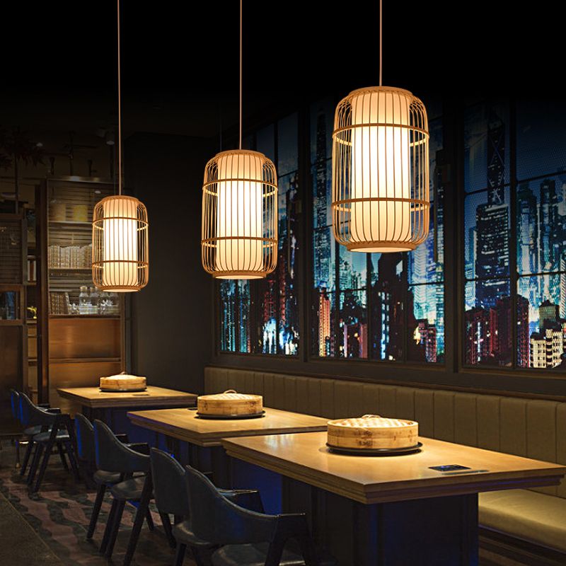 Beige Bamboo Hanging Light Fixture Asian 1-Light Suspension Pendant Light for Restaurant