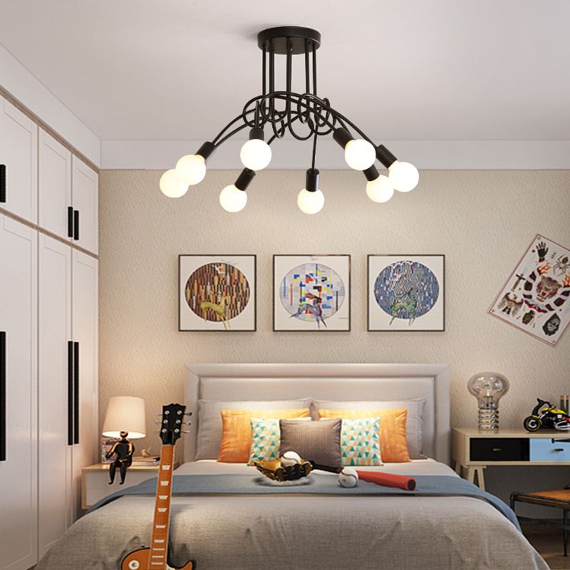 Exposed Bulb Radial Semi Flush Mount in Industrial Creative Style Wrought Iron Ceiling Light