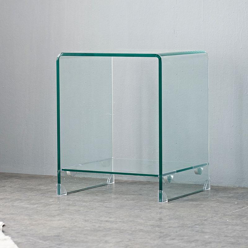 Contemporary Glass Square Side Table Sled End Table with Shelf