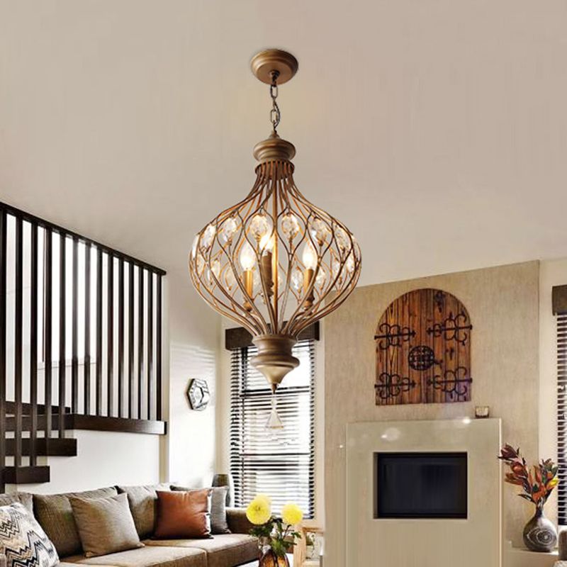 Traditional Ball Hanging Chandelier Metal 3 Bulbs Suspension Light in Brass with Crystal Teardrop