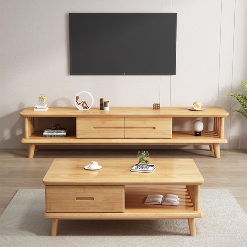 Scandinavian Solid Wood Coffee Table with 4 Legs and 2 Drawers