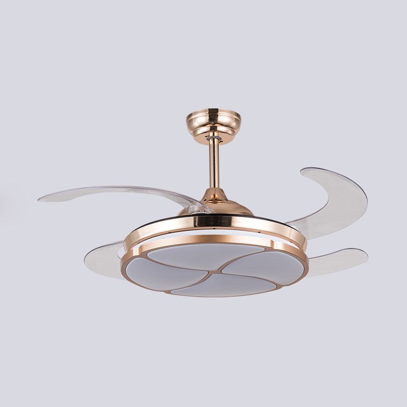 36 "breit goldene LED Hanging Lüfterbeleuchtung Minimalismus Metallring 4 klare Klingen Halbflächen -Deckenlicht für Wohnzimmer, Fern-/Wandsteuerung/Fernbedienung und Wandsteuerung