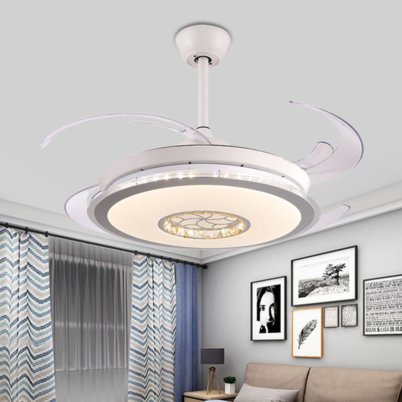 48 "W Círculo LED Semi Flush Lighting Modernismo Blanco Acrílico 4 Lámpara de ventilador colgante de techo de cuchillas transparentes para dormitorio