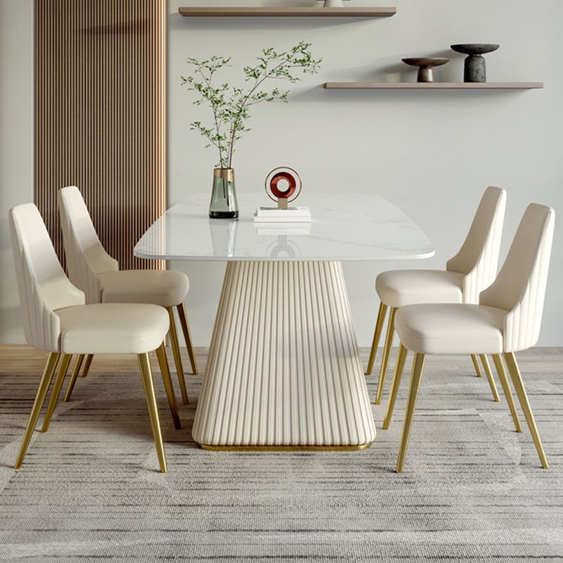 Minimalist Sintered Stone Dining Set for 4/6 Table Set of Metal Gold Base and PU Leather Chairs