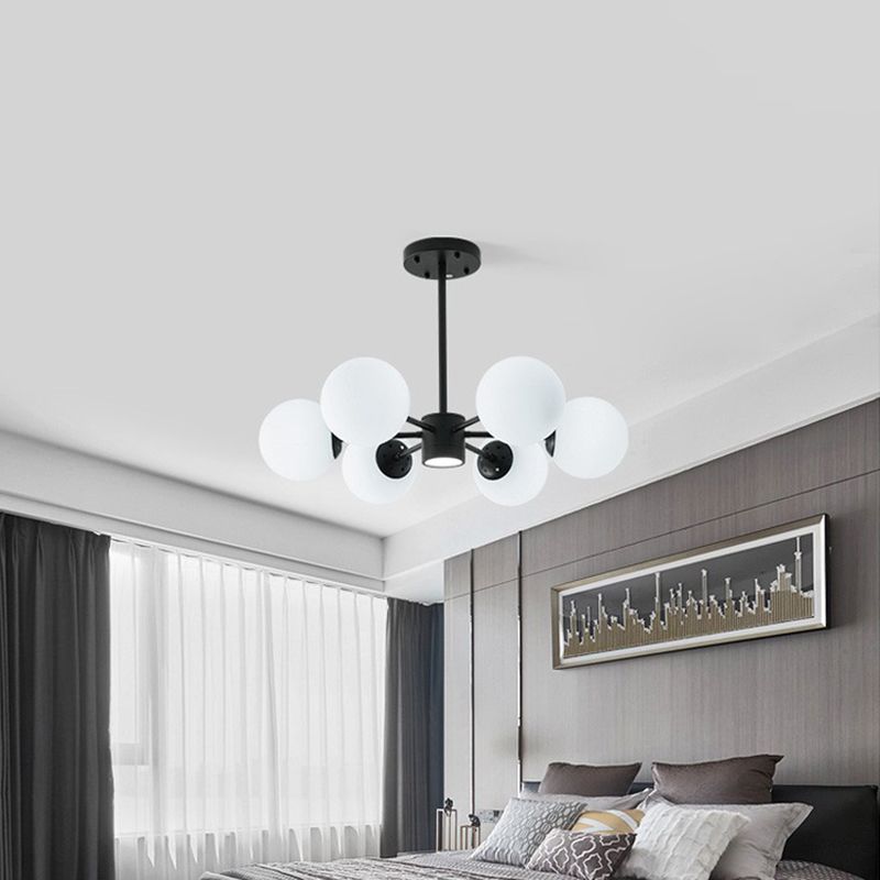 Nordic Globe Chandelier Black Multi Light Hanging Light with White Glass for Bedroom