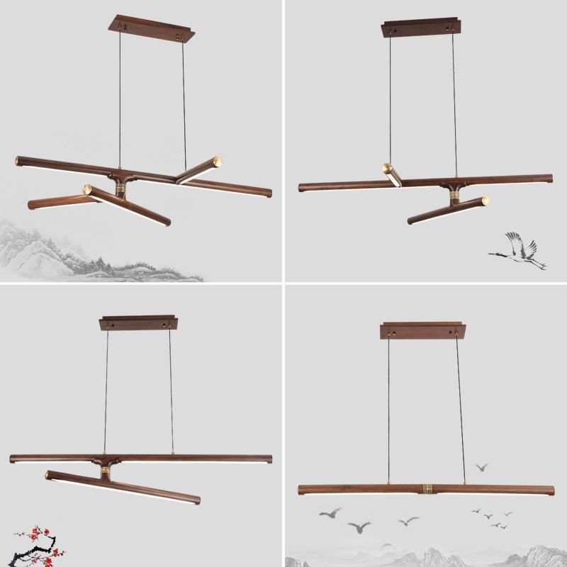 Linear Tea Room Suspension Lamp Wooden Minimalist LED Hanging Island Light Fixture