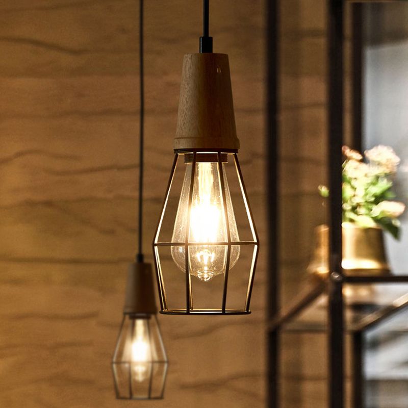 1-Licht-Deckenleuchte industrielle geometrische Käfigstil-Eisenhängerlampe mit Holzoberteil in Schwarz/Chrom/Roségold für Schlafzimmer