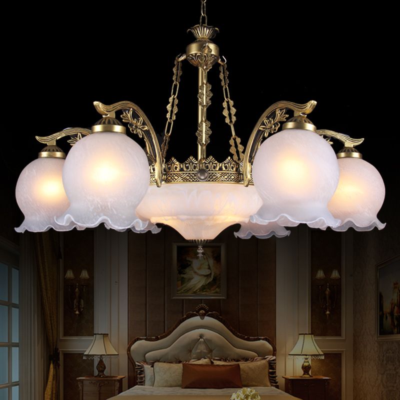 9 Lights Half-Bloom Ceiling Chandelier Rustic Brass White Glass Hanging Pendant Light