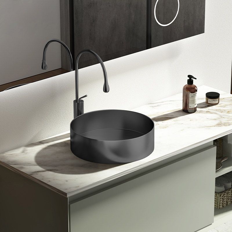 Modern Vessel Bathroom Sink Round Metal with Pop-Up Drain Vessel Lavatory Sink