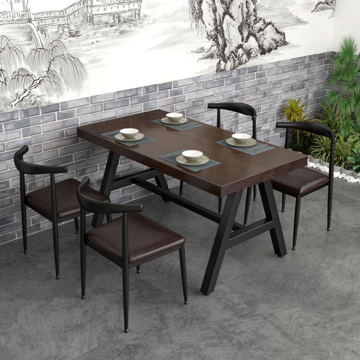 Industrial Rectangle Dining Table Pine Solid Wood Table with Black Trestle Base