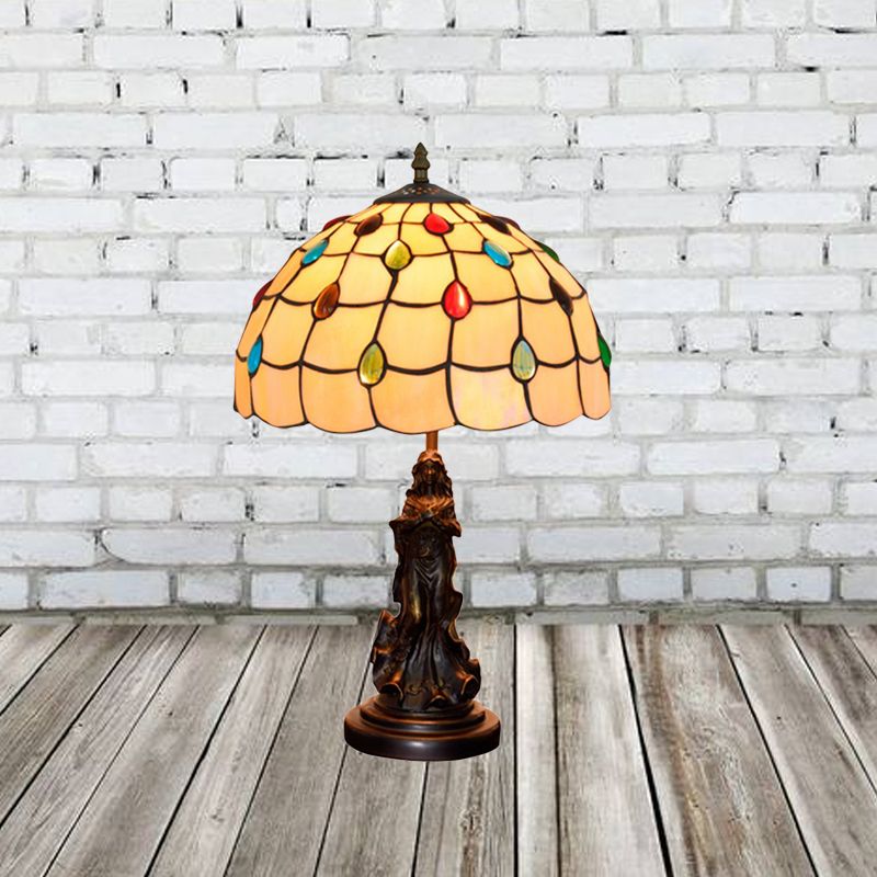 Cabochons-Embellished Grid Night Light 1-Light White/Beige Glass Tiffany Tischlampe mit Engel Dekor