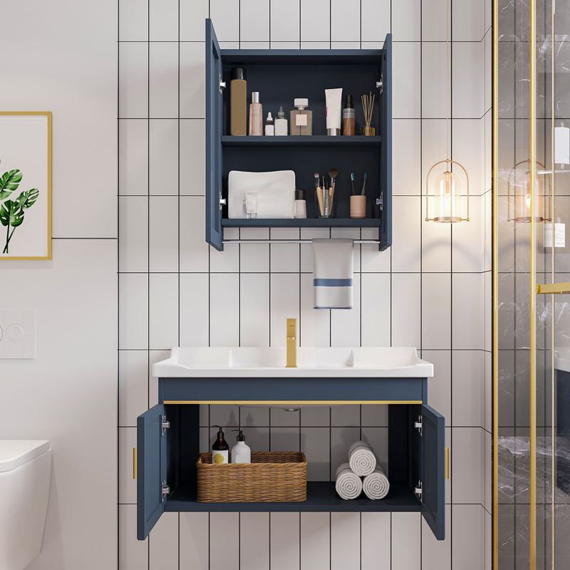 Modern Single Wall Mount Vanity Blue Ceramic Top Sink Vanity