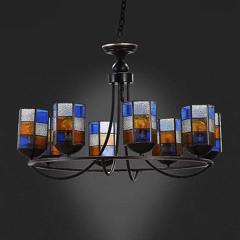 Verre en verre bleu lustre luminaire Cylindre 4/6/8 Lumières Éclairage pendentif méditerranéen pour salle à manger
