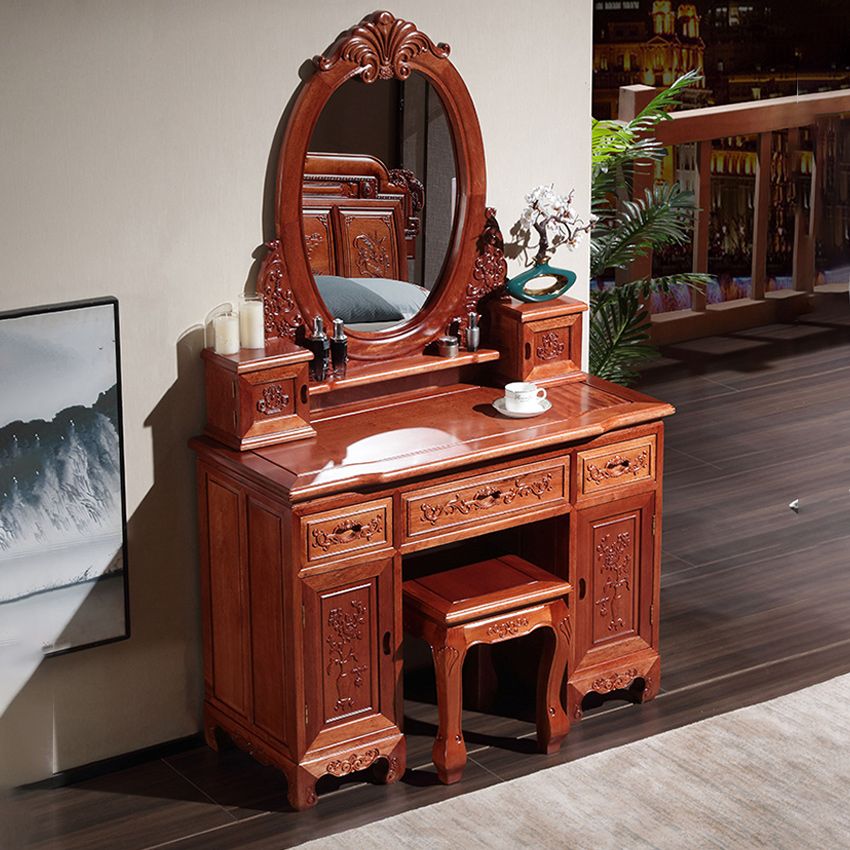 Solid Wood Red and Brown Makeup Table Vanity with Drawer and Mirror
