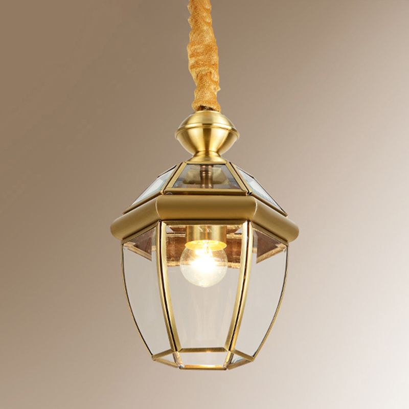 Hexagonal Clear Glass Lantern Pendant Retro 1-Light Foyer Hanging Lamp Kit in Gold