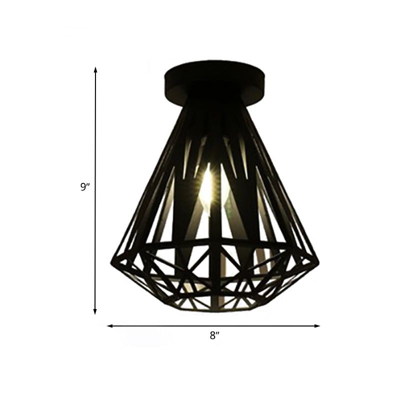 Luminaire encastré à cage métallique avec abat-jour en diamant, éclairage de plafond de couloir à 1 ampoule de style loft en noir