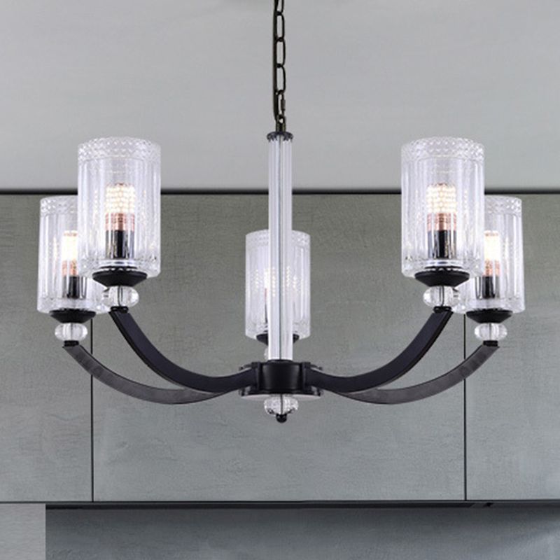 Black 5/6/8 Lights Chandelier Light Fixture Traditional Clear Textured Glass Cylinder Pendant Lamp
