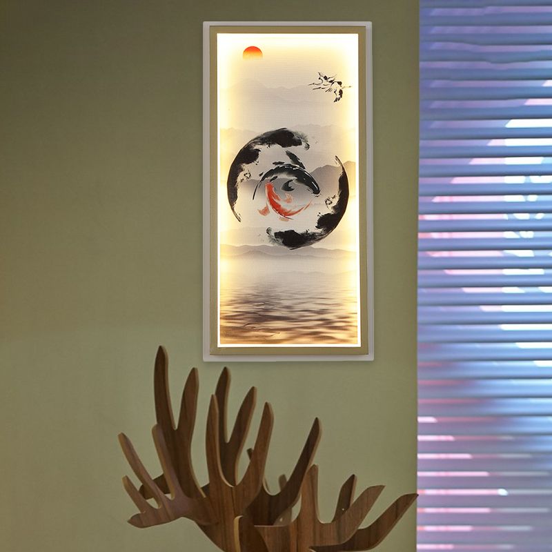 Chinese Carps Painting Fabric Mural Lamp LED Wall Sconce Light in Black and Red for Dining Room
