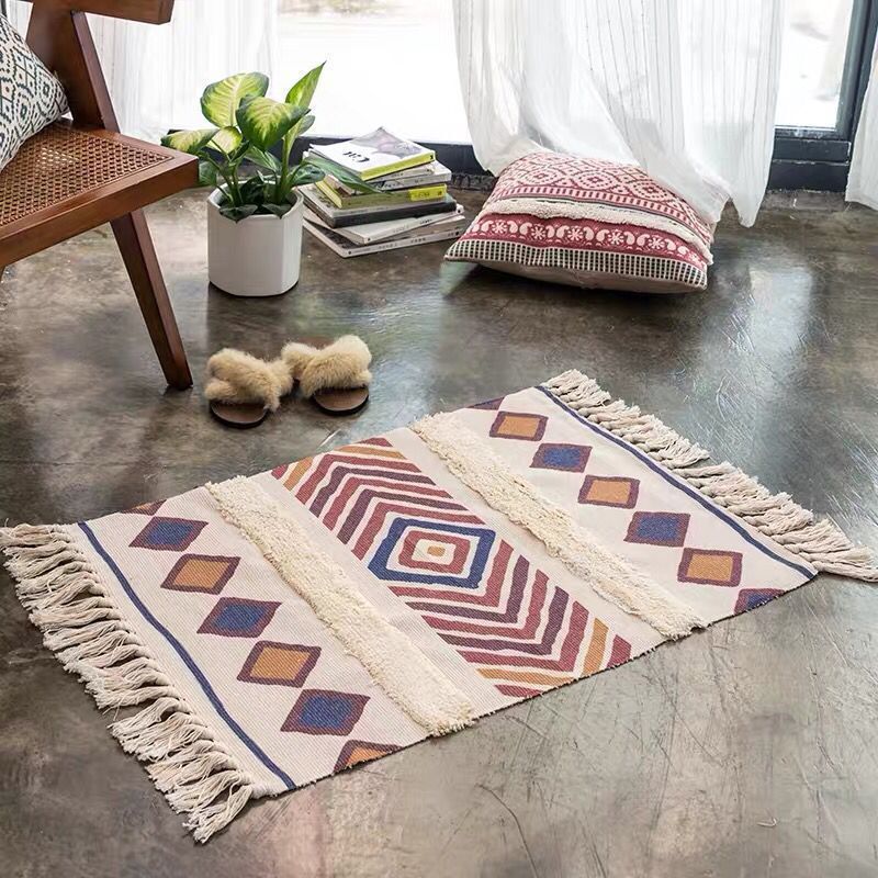 Novelty Multicolored Geometry Rug Cotton Bohemia Carpet Pet Friendly Rug for Indoor