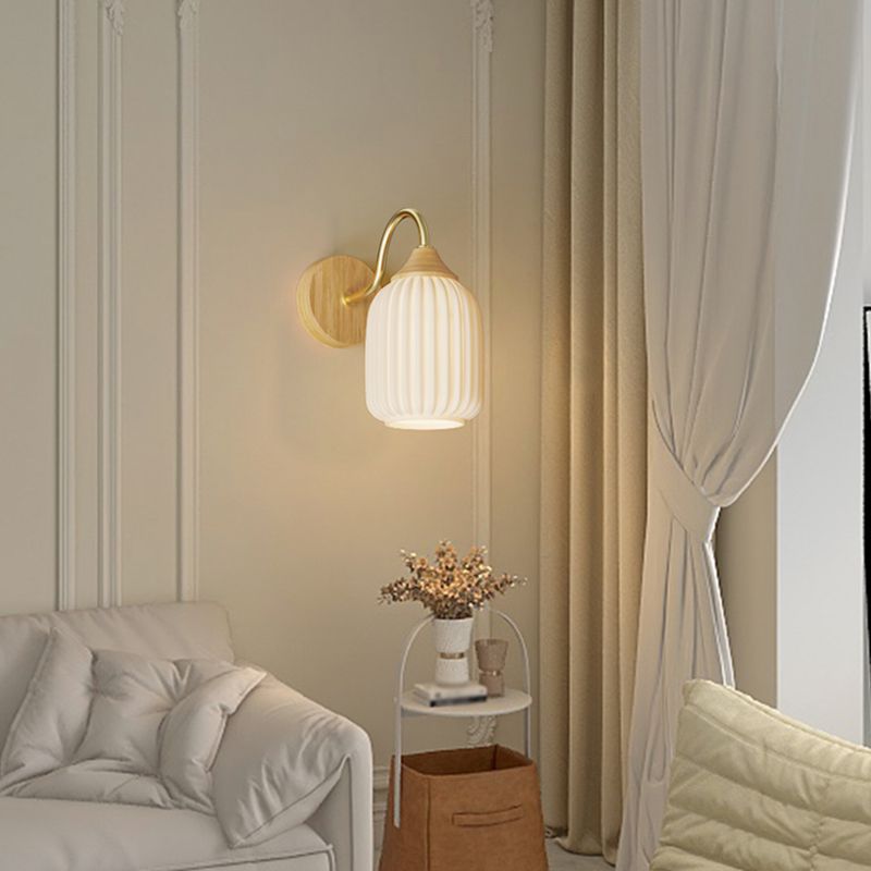 Modern Wall Mount Lamp 1-Light Wooden with Glass Shade for Living Room