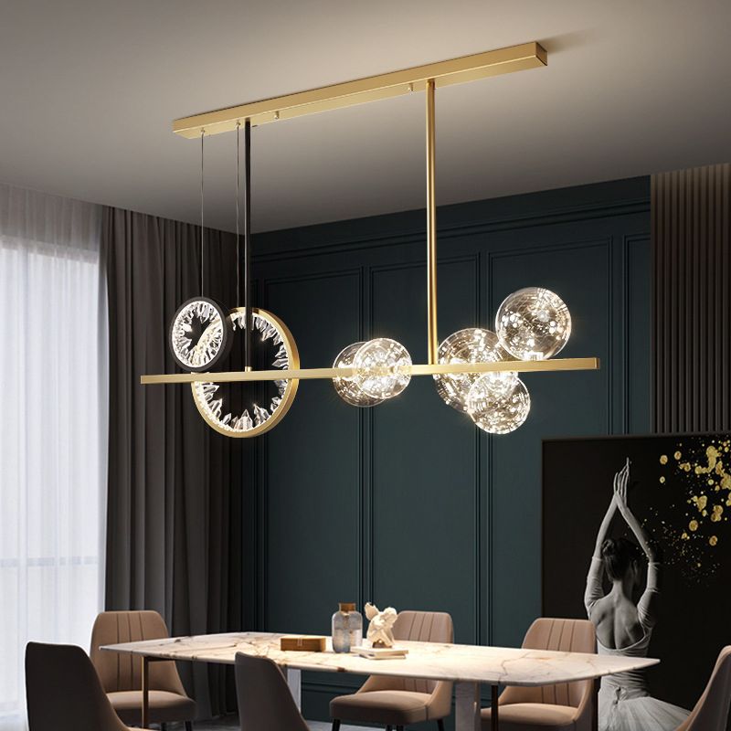 Glass Spherical Island Light Modern Gold LED Hanging Light with Crystal Accents