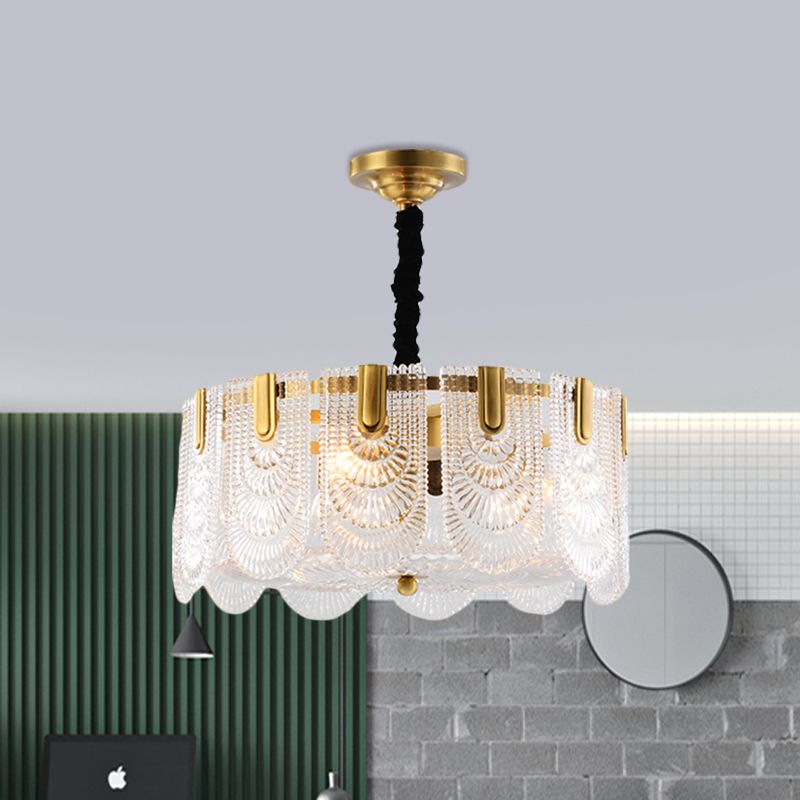 Textured Glass Layered Hanging Ceiling Light Modernism 3/8 Lights Chandelier Light in Brass
