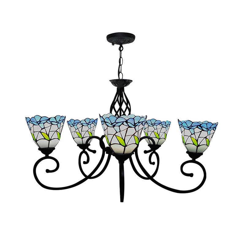 5 Heads Floral Ceiling Chandelier Light Tiffany Style Stained Living Room Pendant Light in Blue