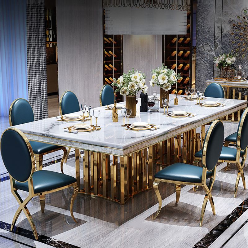 Traditional Luxury Marble Dining Table Rectangle Table with Metal Double Pedestal in Gold
