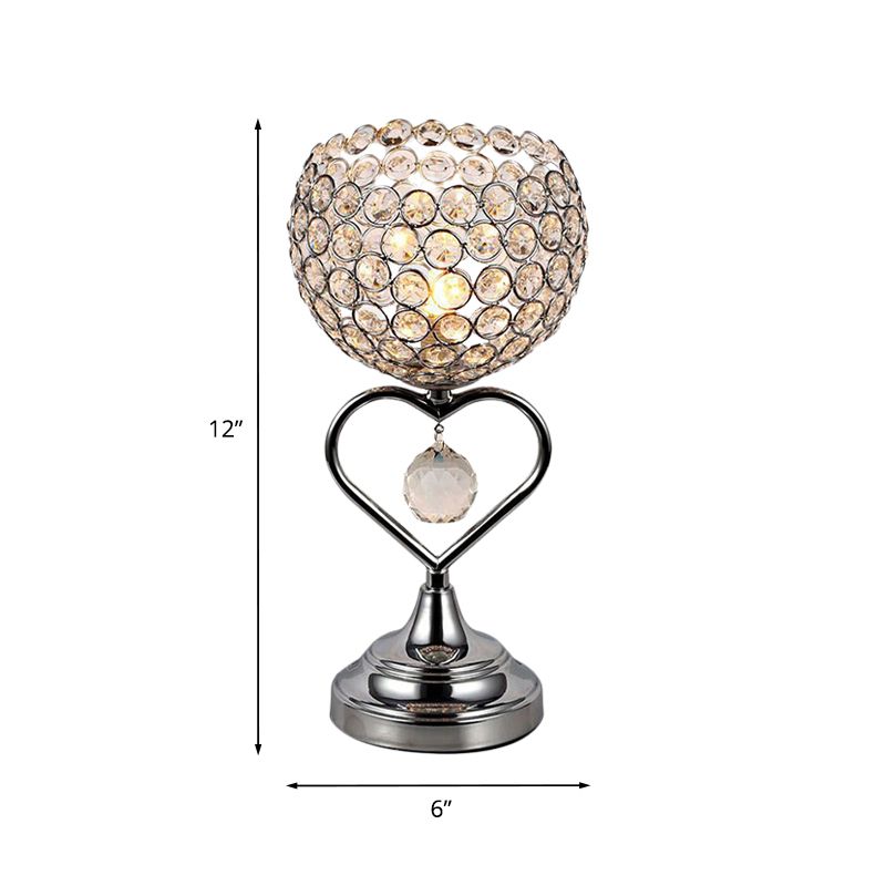 Chrome Domed Night Lamp Modernist 1-Light Crystal Encrusted Table Light with Loving Heart Detail