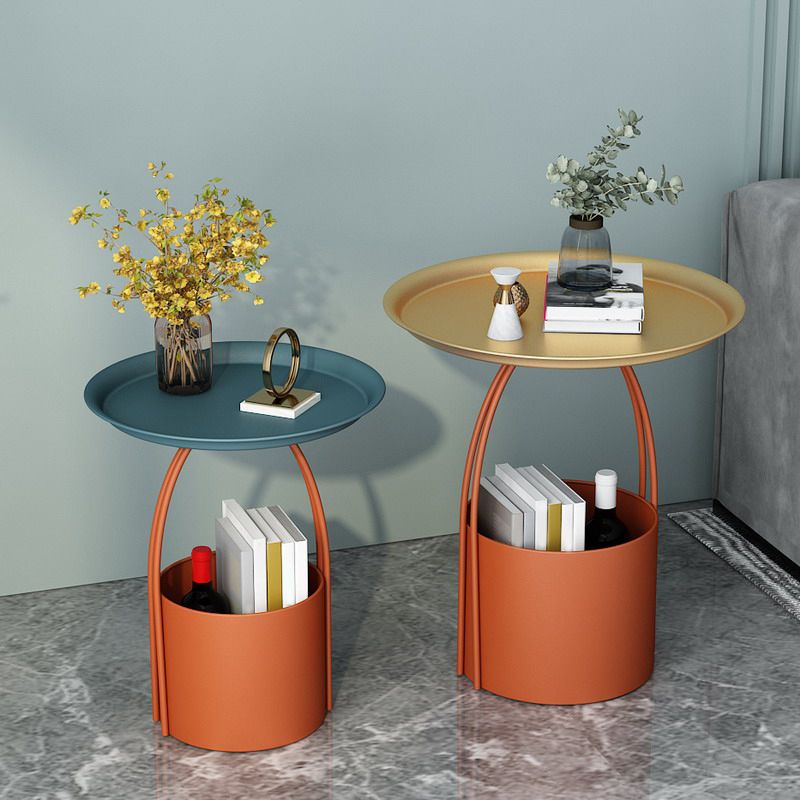 Mid-Century Round Tray Top Side Table Iron Pedestal End Table with Storage