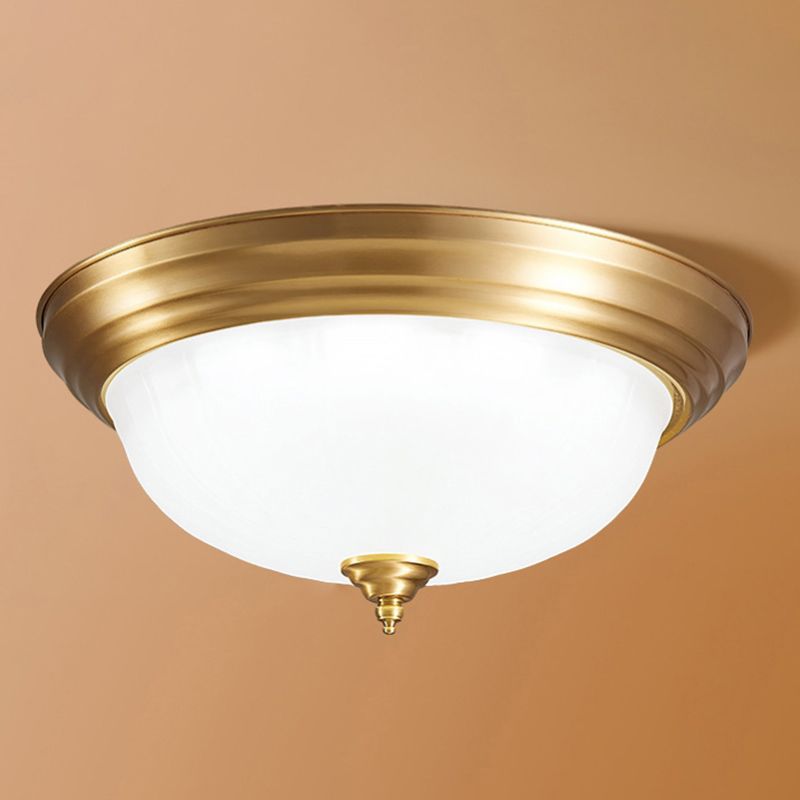 Flush Ceiling Light Traditional Domed White Glass Flush Mount Fixture in Brass for Bedroom