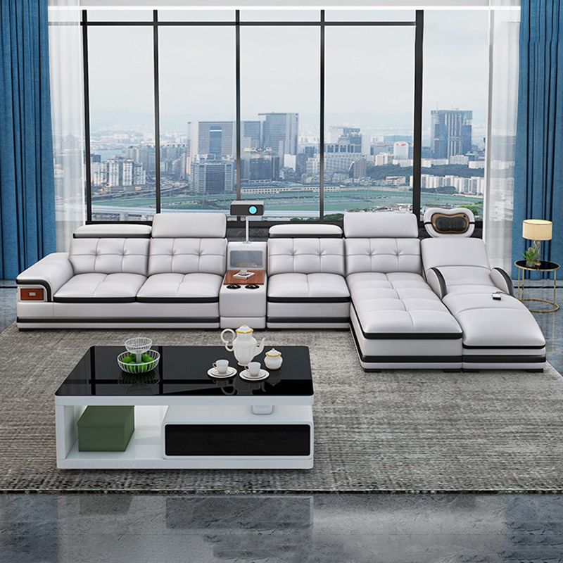 Modern Tufted Power Sectional & Chaise Gray Genuine Leather Sectional Sofa with Storage