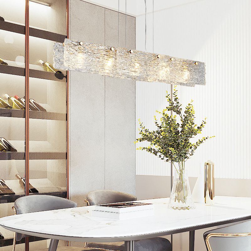 Rectangular Dining Room Hanging Lamp Rippled Glass 5-Light Minimalist Island Light