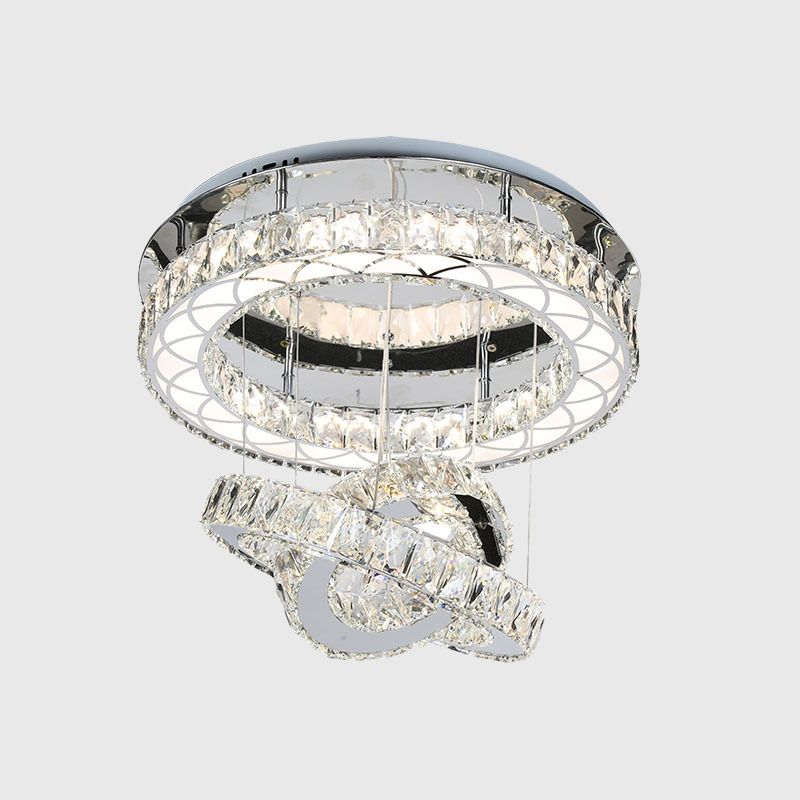 Crystal Block Rings Semi-Flush Mount Minimalism LED Close to Ceiling Lighting in Chrome, Warm/White Light