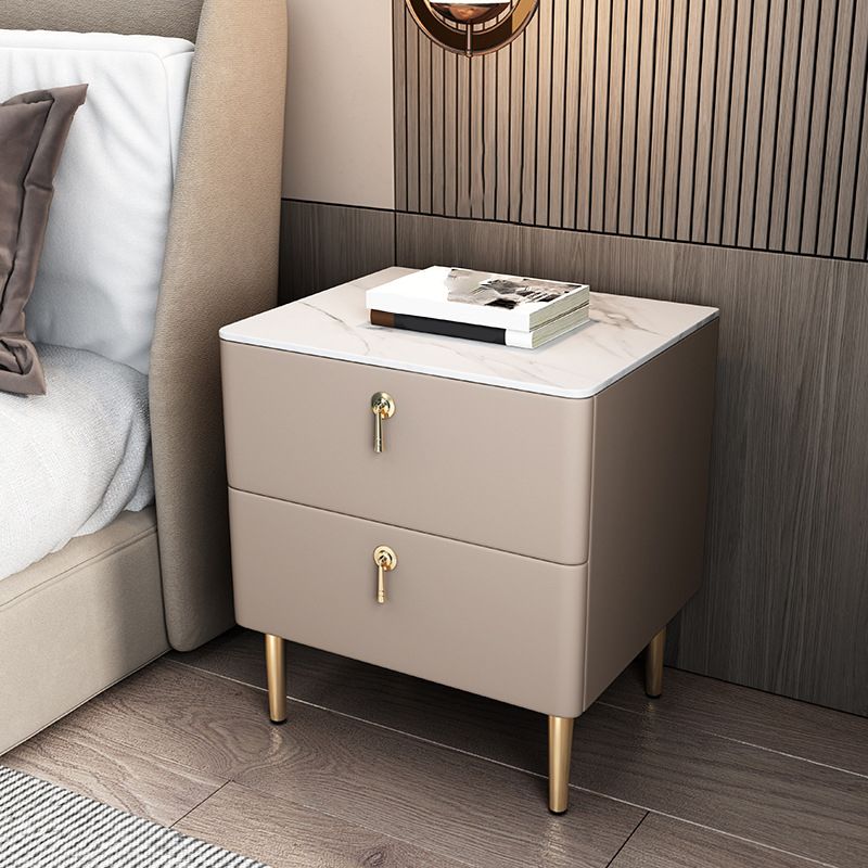 Classic Glam Accent Table Nightstand Stone Bedside Cabinet with Drawers